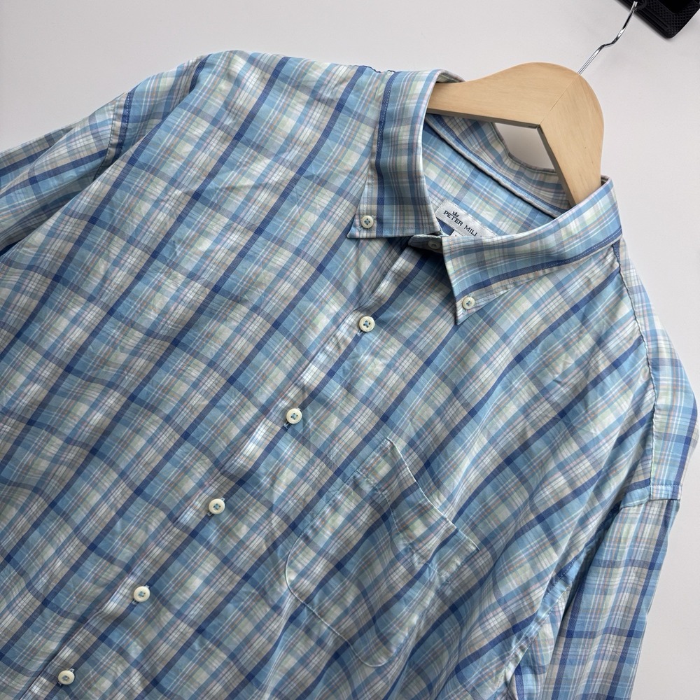 Peter Millar Shirt Mens XXL Blue Plaid Cotton Silk Blend Long Sleeve Button Down